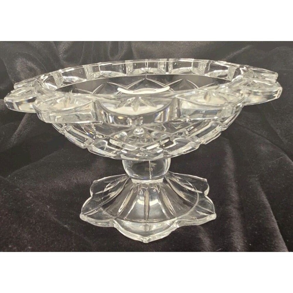 Vintage Polonia Crystal Pedestal Compote Candy Bowl/Dish c.1970s w pink UV glow